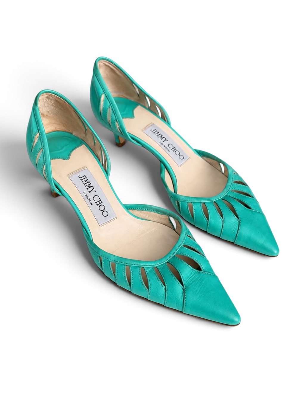 Jimmy Choo Teal Green Leather Cutout D’Orsay Pumps Kitten Heel EU 35.5 (US 5.5)